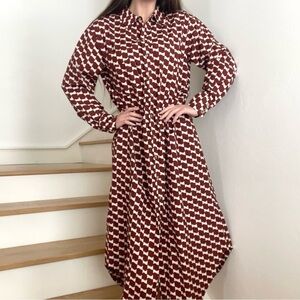 Anthropologie Maeve The Soren Checkered Retro Orange Motif Maxi Midi Shirt Dress